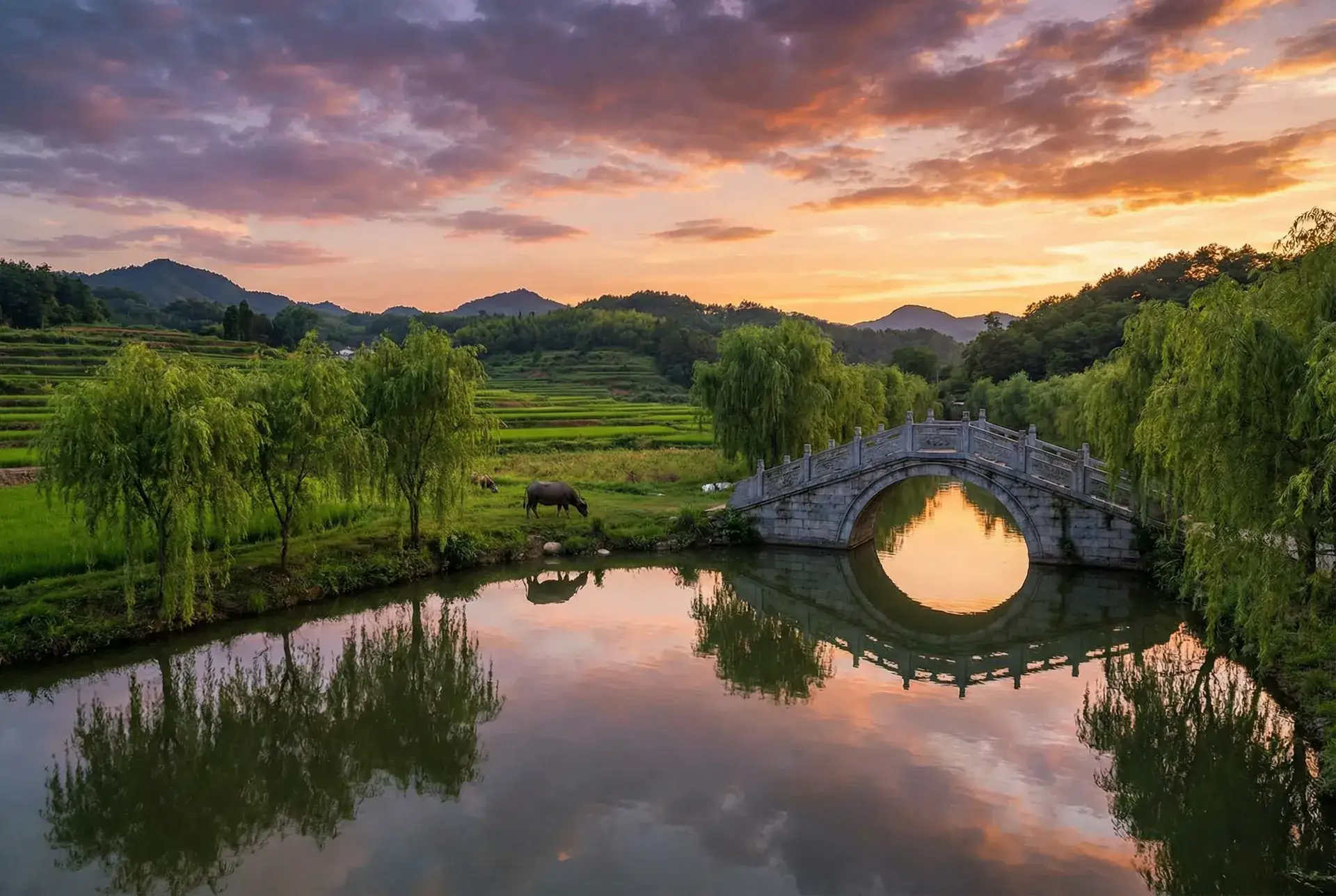 夕阳下的石拱桥与垂柳，水牛在河边吃草 - 炮友 乡村美景